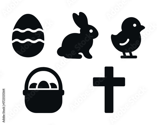 Easter symbols: egg, rabbit, chick, basket, cross silhouettes