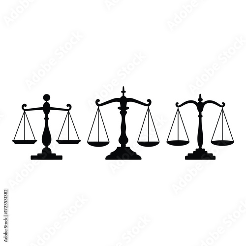 Justice scales icon set law balance symbol legal system measurement judgment flat vector illustration