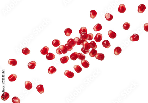 Vibrant Pomegranate Seeds Scattered on White Background – Fresh, Juicy Red Arils for Healthy Food & Nutrition Concepts