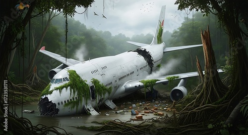 Airplane crash in a dense jungle overgrown with vines and vegetation.