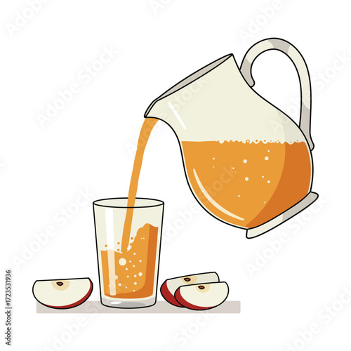 A pitcher pouring orange juice into a glass with apple slices on the side.