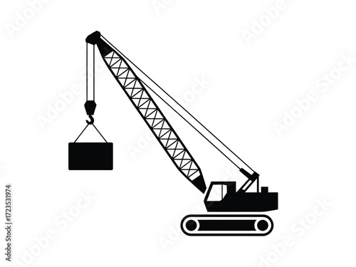 Black and white vector illustration of a construction crane lifting a heavy load silhouette vector illustration white background