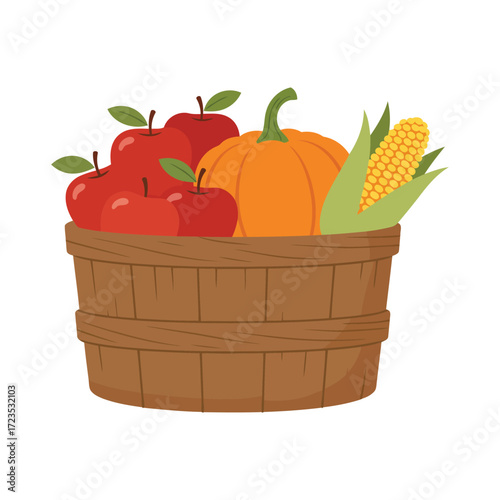A wooden basket overflowing with a bountiful harvest of fresh apples, a ripe pumpkin, and a golden ear of corn.