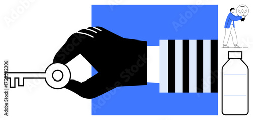 Black hand holds vintage key over blue background man with lightbulb and bottle nearby. Ideal for solutions, creativity, opportunities, technology, sustainability, problem-solving, growth. Simple