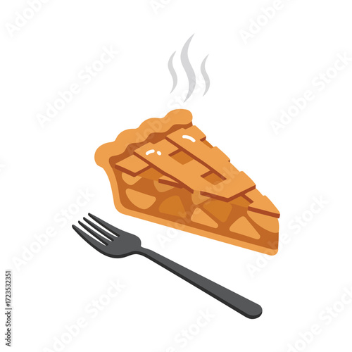 Illustration of a slice of apple pie with lattice crust and a fork.