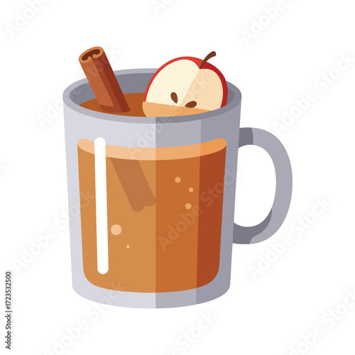 Illustration of a mug filled with apple cider, garnished with a cinnamon stick and apple slice.