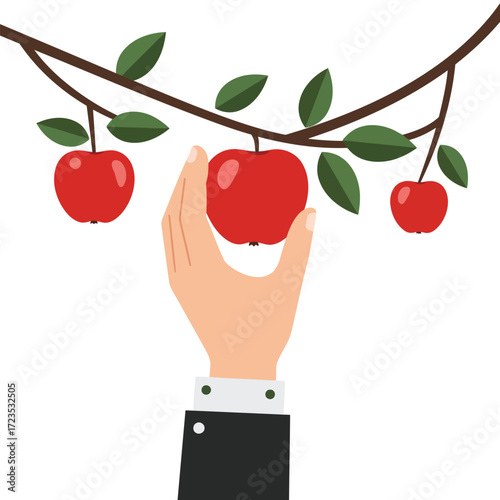 Vector illustration of a businessman's hand picking a ripe red apple from a tree branch with green leaves.