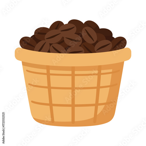 A wicker basket full of roasted coffee beans.