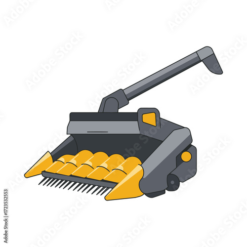 A stylized illustration of a combine harvester head, designed for harvesting crops like corn.