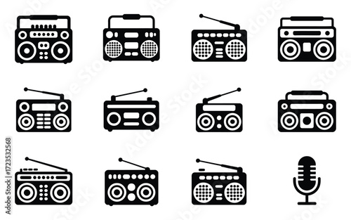 Set of radio receiver icons, various boombox and vintage radio designs with microphone, audio equipment collection