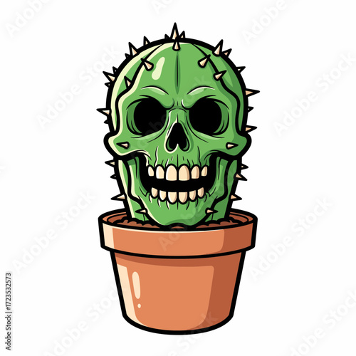 Spiked Green Skull Cactus in Brown Pot with Sinister Grin Illustration.