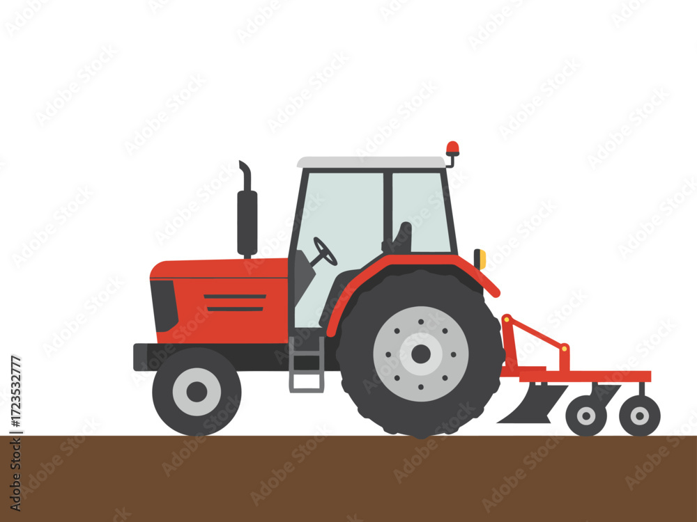 Obraz premium Red tractor plowing a field.