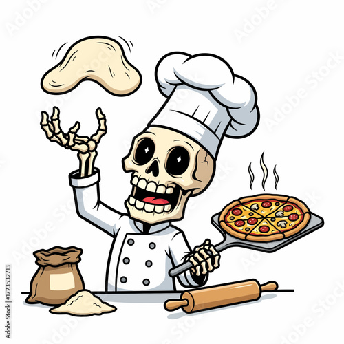 Cartoon Skeleton Chef Tossing Dough and Holding Pizza with Rolling Pin.