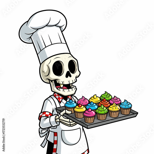 Cartoon Skeleton Chef with Colorful Cupcakes on a Baking Sheet.