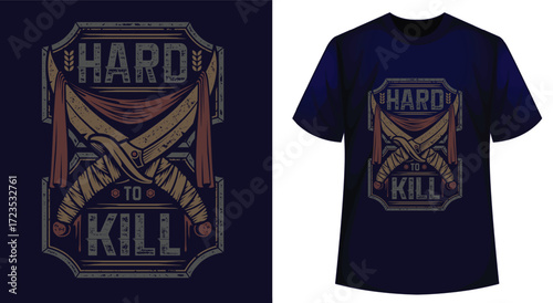 Hard To Kill Graphic T‑Shirt With Crossed Swords Emblem In Bold Navy Design