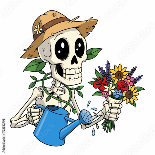 Cartoon Skeleton Gardener with Straw Hat Watering Can and Bouquet of Flowers.