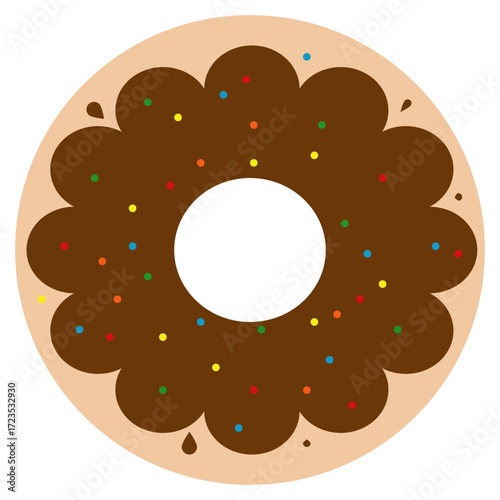 Chocolate donut with colorful sprinkles on top.