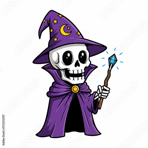 Cartoon Skeleton Wizard with Purple Robe and Glowing Blue Crystal Staff.