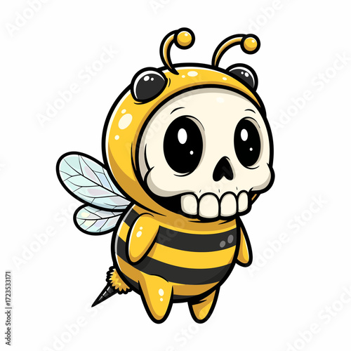 Cartoon Skull Character in a Striped Bee Costume with Wings and Antennae.