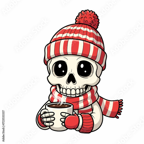 Cartoon Skull in Winter Hat and Scarf Holding Steaming Mug.