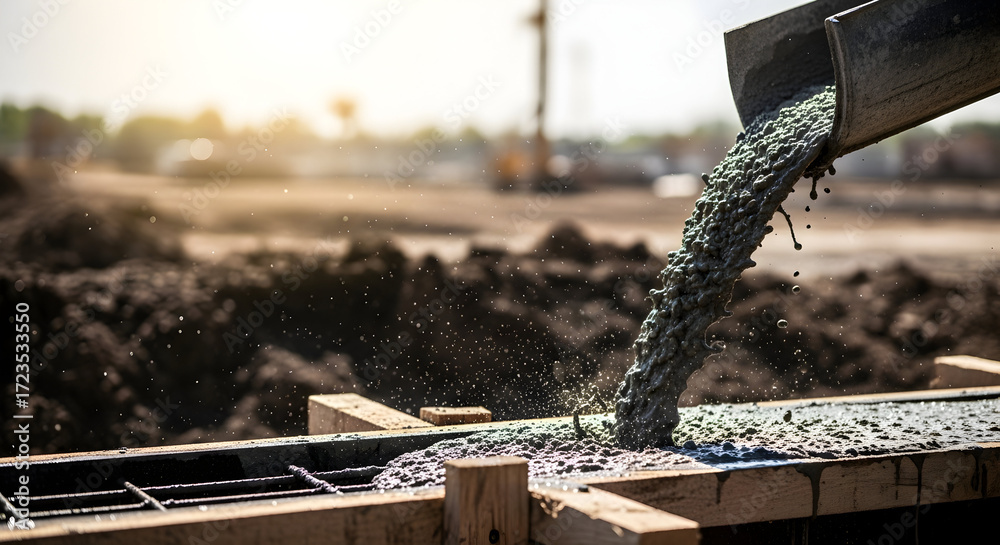 Fototapeta premium Construction site concrete pouring process industrial building foundation development infrastructure project