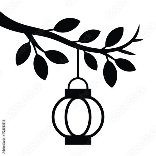 Silhouette hanging lantern on branch, glowing light decoration, festive illuminant, traditional lamp, elegant outdoor decor, symbolic luminary