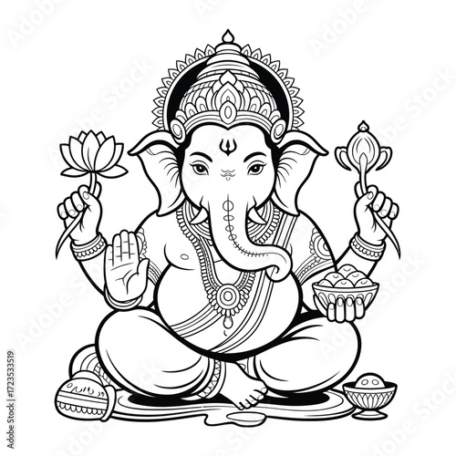 Black and white vector illustration of lord ganesha sitting and holding lotus flowers and offerings silhouette vector illustration white background