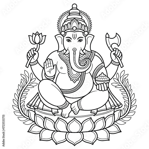 Elegant black and white line art vector illustration of lord ganesha seated on a lotus flower silhouette vector illustration white background