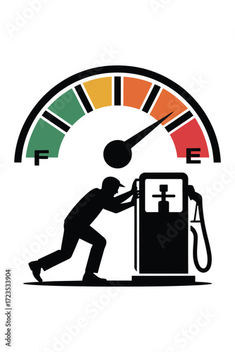 Fuel gauge empty, man pushing gas pump, economic crisis, high gas prices, vehicle running out of fuel, energy shortage