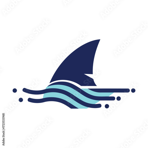 A stylized dark blue shark fin emerges from stylized light blue waves, with small dots trailing behind.