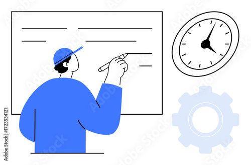 Figure writing on wall board with clock and gear outlines. Ideal for productivity, organization, time management, planning, teamwork, education, and workflow concepts. Simple flat metaphor
