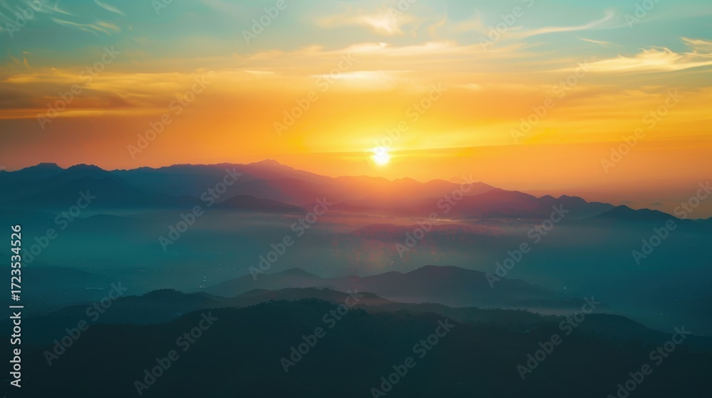 Fototapeta premium Mountain Sunrise/Sunset Landscapes: Misty Valleys, Blue Skies & Forest Hill Silhouettes