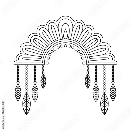 Intricate arch outline with hanging beads and detailed feathers, linear vector illustration