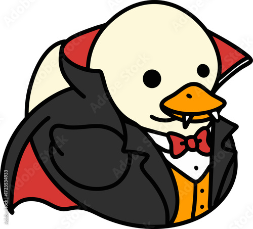 Cartoon vampire duck illustration Halloween costume black tuxedo red cape yellow beak