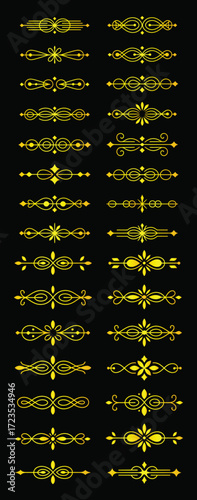 Set of golden decorative horizontal text dividers, ornate filigree elements on black