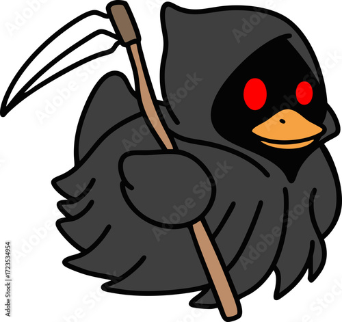 Grim Reaper Duckling Cartoon Illustration Black robe scythe red eyes halloween