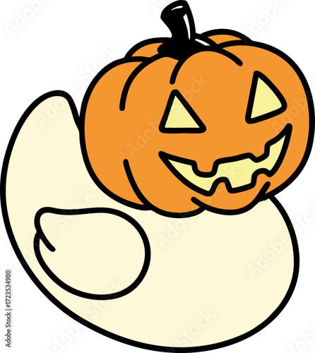 Cartoon Jack o' lantern pumpkin atop a white ghost illustration Halloween