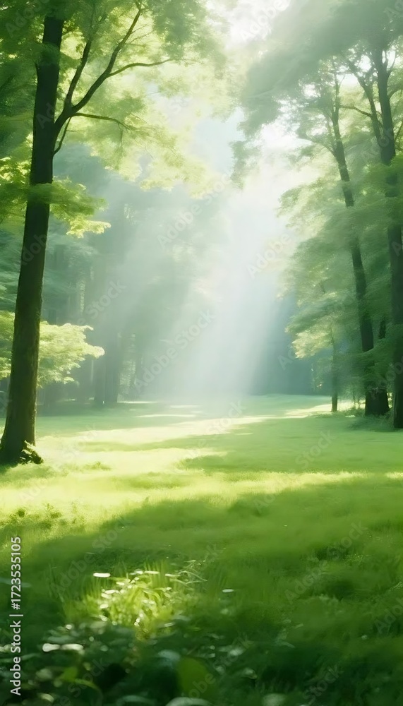Obraz premium 日光が差し込む緑豊かな森林の風景
