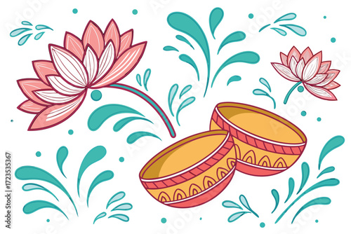 Traditional thai songkran festival seamless background design featuring a temple wat with water splashing elements and festive decorations