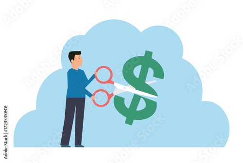 Businessman cut dollar sign metaphor of cut expense. Cut expense reduce budget, interest rate or loan debt decrease, tax payment