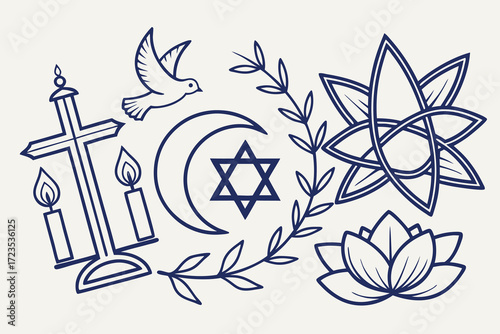 Seamless interfaith harmony crescent moon pattern with diverse religious symbols for unity and peace