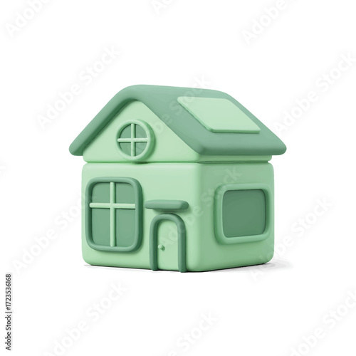 Cute green house stands peacefully against a white backdrop, showcasing simple architectural form and inviting aesthetic with a minimalist charm.