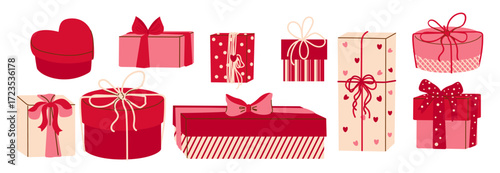 Set of red lipstick. Set of gift boxes. Colorful presents with bows and ribbons. Holiday packages for birthday, Christmas, New Year, Valentine's Day, party celebration. 