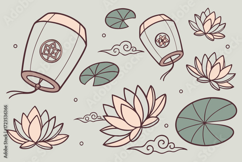 Seamless obon festival pattern featuring floating lanterns and traditional japanese motifs