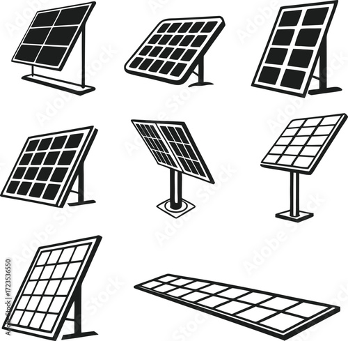 Vector art of illustration set of solar panels collection of alternative energy sources for electricity generation renewable energy concept solar power plant and photovoltaic panels