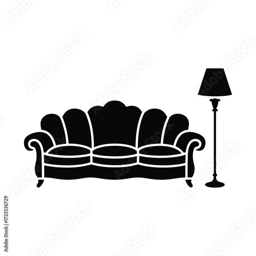 Classic sofa silhouette with floor lamp, elegant living room furniture icon