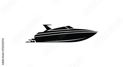 Sleek powerboat speeding across water a striking black silhouette