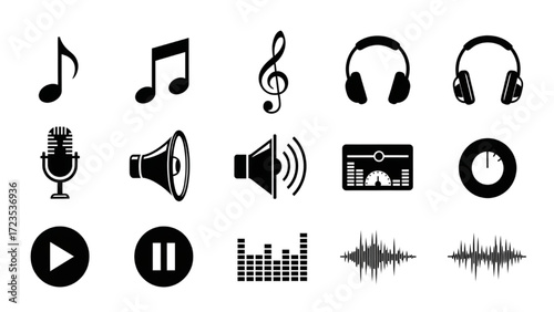 Black Silhouette Music Symbols Icon Set – 15 Vector Icons related to music