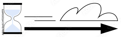 Hourglass releasing sand, arrow pointing forward, and flowing cloud outline symbolize time, speed, and progress. Ideal for time management, process, productivity, planning goals future momentum