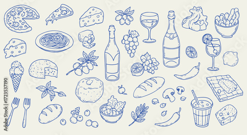 Hand-Drawn Italian Food Doodle Icon Set Featuring Pizza, Pasta, Wine, Cheese, and More